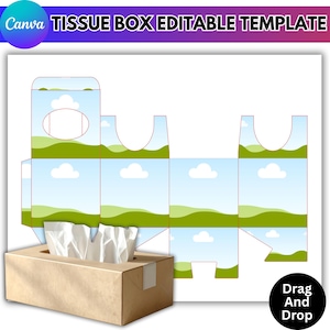 Könnte beinhalten: Eine braune Taschentuchbox mit Landschaftsdesign, gefüllt mit weißen Taschentüchern. Die Box ist teilweise montiert, mit einer Vorlage, die einen blauen Himmel, grüne Hügel und weiße Wolken zeigt. Der Text lautet "TISSUE BOX EDITABLE TEMPLATE" und "Drag And Drop".