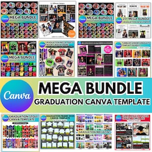 Könnte beinhalten: Eine Collage von Canva-Vorlagen für Abschlussfeiern. Die Vorlagen umfassen Designs für Abschlussbuttons, T-Shirts, Partygeschenke, Magazine, Zeitungen, Stolen, Rahmen und Filmplakate. Die Vorlagen zeichnen sich durch eine Vielzahl von Farben und Designs aus, darunter Schwarz, Weiß, Gold, Blau, Rot und Grün.