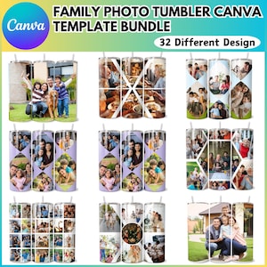 May include: A collection of stainless steel tumblers with various family photo designs. The tumblers feature images of families, with the text "FAMILY PHOTO TUMBLER CANVA TEMPLATE BUNDLE" and "32 Different Design" in the top banner.