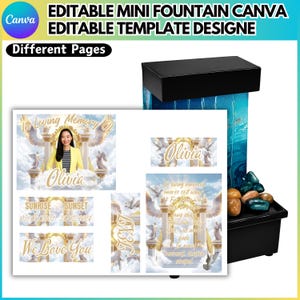May include: An editable mini fountain Canva template design with different pages. The design includes a memorial theme with the name "Olivia", angel wings, and the text "In Loving Memory Of". The fountain has a black base and a blue water feature.