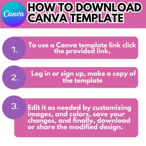 May include: A purple and pink infographic with three steps on how to download a Canva template. The steps are numbered 1, 2, and 3. The text in the image reads: "HOW TO DOWNLOAD CANVA TEMPLATE".