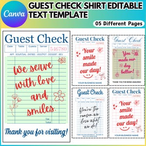 May include: A digital template for guest check shirts, featuring five different page designs. The designs include text like "We serve with love and smiles" and "Your smile made our day!" with floral and bow illustrations. The template is editable.