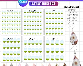May include: A digital Canva template for teardrop earrings featuring multiple sheets with sizes ranging from 1.5 inches to 3 inches. The layout includes grid-aligned teardrop shapes, floral earring examples, and text labels indicating sizes in inches.