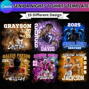 May include: A promotional image for Senior Nights T-shirts. The design features various football-themed graphics with player names, graduation years, and school names. The text "15 Different Design" is also included.