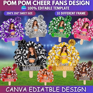 May include: A digital template for pom pom cheer fans featuring ten different designs with a cheerleader graphic, pom poms, and the name Carter Madison. The text reads POM POM CHEER FANS DESIGN, 100% EDITABLE TEMPLATE, 200" X 200" SHEET SIZE.