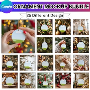 May include: Ornament mockup bundle with 25 different designs. The image shows a collection of round and oval ornaments with a landscape design of a blue sky and green hills. The ornaments are hanging on a Christmas tree.