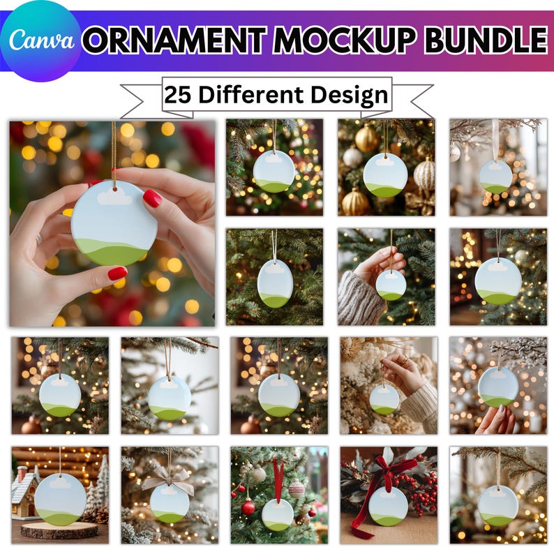 May include: Ornament mockup bundle with 25 different designs. The image shows a collection of round and oval ornaments with a landscape design of a blue sky and green hills. The ornaments are hanging on a Christmas tree.
