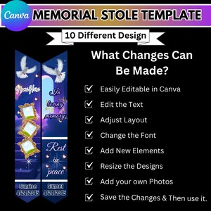 May include: A Canva memorial stole template with a black background. The design features two stoles with doves, frames, and text. The text includes "Memorial Stole Template," "10 Different Design," and "What Changes Can Be Made?"
