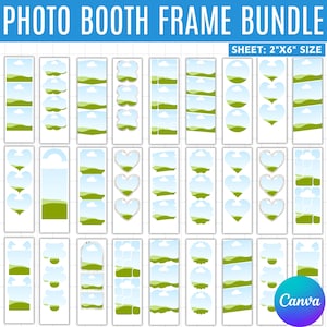 May include: A photo booth frame bundle with various designs. The frames are rectangular with different shapes, including clouds, hearts, and circles. Each frame has a section for a photo and a landscape background. The text "PHOTO BOOTH FRAME BUNDLE" is at the top.