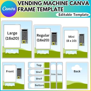 Op de afbeelding: Een Canva-sjabloon voor het maken van een ontwerp voor een automaatframe. De sjabloon bevat verschillende maten voor het automaatframe, waaronder groot (16x20 inch), standaard (16x20 inch) en mini (8x10 inch). De sjabloon bevat ook verschillende weergaven van de automaat, waaronder de voorkant, de achterkant, de bovenkant, de plank en de zijkant.
