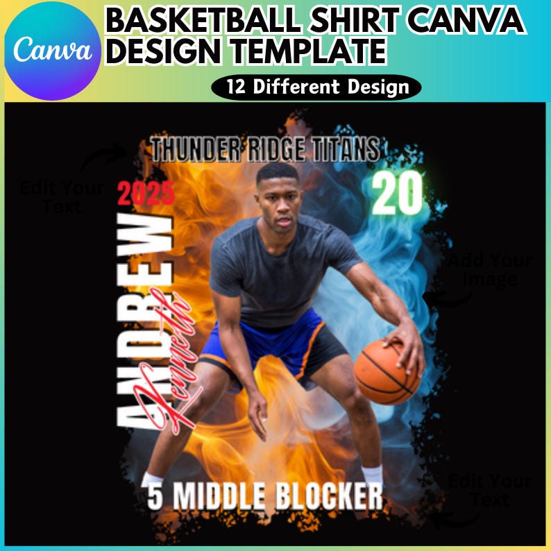 Puede incluir: Una plantilla de dise&ntilde;o de camiseta de baloncesto con un jugador de baloncesto driblando el bal&oacute;n. La camiseta tiene un fondo negro con llamas naranjas y azules. El texto en la camiseta dice "THUNDER RIDGE TITANS", "ANDREW", "20" y "5 MIDDLE BLOCKER".
