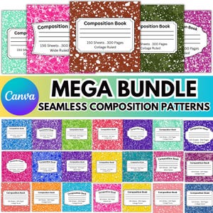 May include: A collection of composition notebooks with various colorful speckled patterns. Each notebook features a white label with the words "Composition Book" and details about the number of sheets and ruling type. The image also includes the text "MEGA BUNDLE SEAMLESS COMPOSITION PATTERNS".
