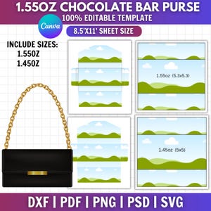 Op de afbeelding: Een bewerkbaar sjabloon voor een 1,55 oz chocoladereep-tasje met een velformaat van 8,5x11 inch. Inclusief 1,55 oz en 1,45 oz maten, een zwarte tas met gouden ketting en een landschapspatroon van groene heuvels en wolken in DXF, PDF, PNG, PSD, SVG.