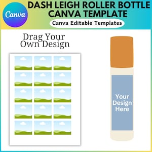 May include: A printable template for a roller bottle label with a design of a green field, blue sky, and white clouds. The template includes 15 labels. The text "Drag Your Own Design" is at the top of the template. The text "Your Design Here" is on the roller bottle label.