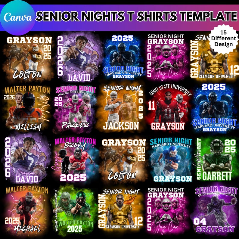 May include: A template for Senior Nights T-shirts with various designs. Each design features a football player's name, graduation year, and team affiliation. The designs use vibrant colors and dynamic graphics, with text like "Senior Night" and university names.