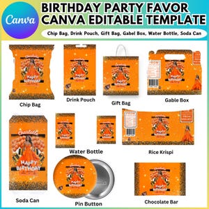 May include: An assortment of orange birthday party favors, including chip bags, drink pouches, gift bags, gable boxes, water bottles, soda cans, pin buttons, rice krispies, and chocolate bars. Each item features a photo of a woman in an orange dress and the text "Happy Birthday".