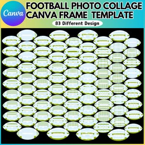 May include: A digital collage template featuring 83 different designs of footballs with white and green stripes. The footballs are arranged in a grid pattern on a black background. The text "FOOTBALL PHOTO COLLAGE CANVA FRAME TEMPLATE 83 Different Design" is at the top of the image.