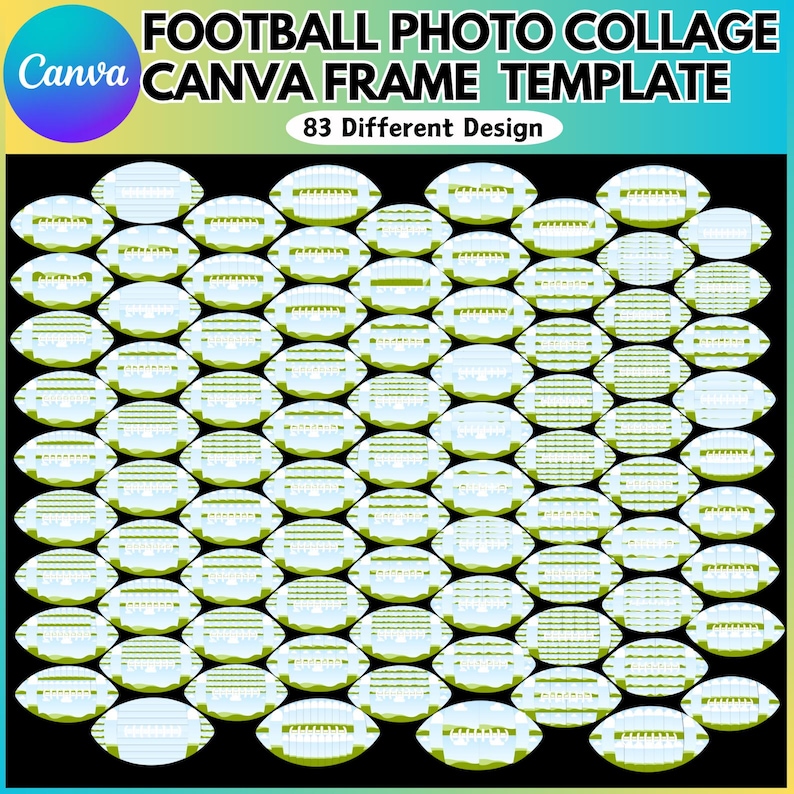May include: A digital collage template featuring 83 different designs of footballs with white and green stripes. The footballs are arranged in a grid pattern on a black background. The text "FOOTBALL PHOTO COLLAGE CANVA FRAME TEMPLATE 83 Different Design" is at the top of the image.