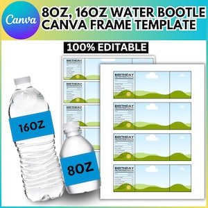 Op de afbeelding: Twee doorzichtige waterflessen, één met het label "16OZ" en de andere met "8OZ", worden getoond naast een vel afdrukbare etiketten. De etiketten hebben een verjaardagsthema en bevatten ruimte voor voedingswaarde-informatie. De tekst "8OZ, 16OZ WATER BOOTLE CANVA FRAME TEMPLATE" staat bovenaan.
