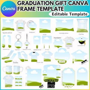 May include: A collection of graduation gift templates featuring a blue sky with white clouds and green hills. The templates include a square pillow, t-shirt, badge pin, rectangle pillow, acrylic, chip bag, graduation hat, keychain, graduation charm, yard sign, socks, all-over t-shirt, mug, and a graduation cap with a diploma.