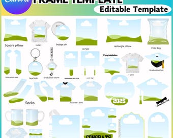 May include: A collection of graduation gift templates featuring a blue sky with white clouds and green hills. The templates include a square pillow, t-shirt, badge pin, rectangle pillow, acrylic, chip bag, graduation hat, keychain, graduation charm, yard sign, socks, all-over t-shirt, mug, and a graduation cap with a diploma.