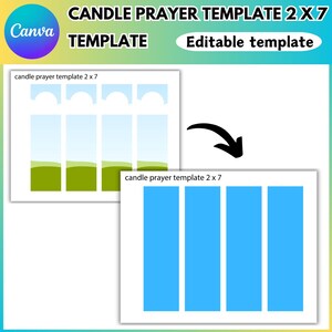 Op de afbeelding: Een digitale sjabloon voor kaarsgebeden, met twee ontwerpen. E&eacute;n toont een landschap met bogen, de andere heeft vier blauwe rechthoeken. De tekst luidt "CANDLE PRAYER TEMPLATE 2 X 7" en "Editable template". Het Canva-logo is ook aanwezig.