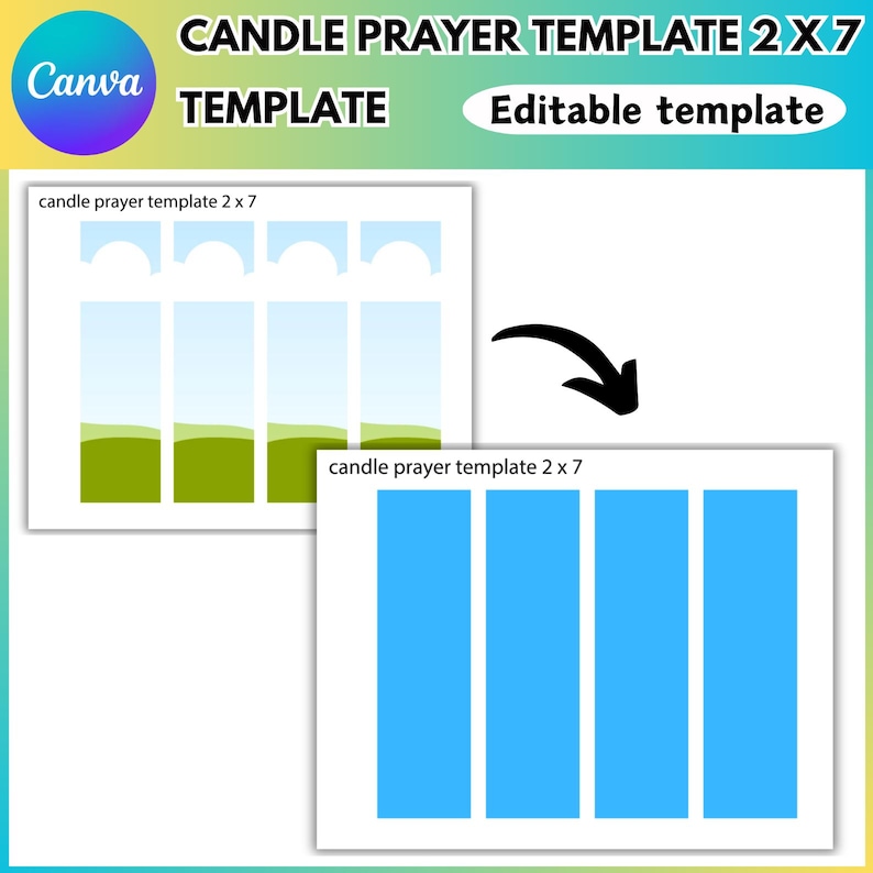 Op de afbeelding: Een digitale sjabloon voor kaarsgebeden, met twee ontwerpen. E&eacute;n toont een landschap met bogen, de andere heeft vier blauwe rechthoeken. De tekst luidt "CANDLE PRAYER TEMPLATE 2 X 7" en "Editable template". Het Canva-logo is ook aanwezig.