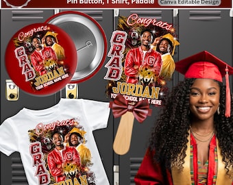 Abitur 2026 Rote Leinwand Vorlage | Bearbeitbares Abschlussfoto | Shirt, Pin Button, Fan Flügel Design | Jahrgang 2026