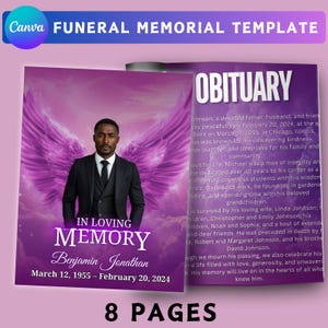 May include: A funeral memorial template with a purple and white design. The template includes a photo of a man in a suit, angel wings, and the text "In Loving Memory" and "Obituary". The template is 8 pages long.