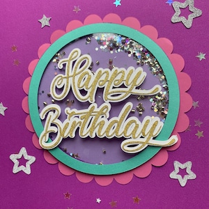 Scallop Circle Shaker SVG Cut archivos con Happy Birthday layered SVG para Cricut Maker, Cricut Joy, DIY Shaker Cake Topper svg, archivo cameo.