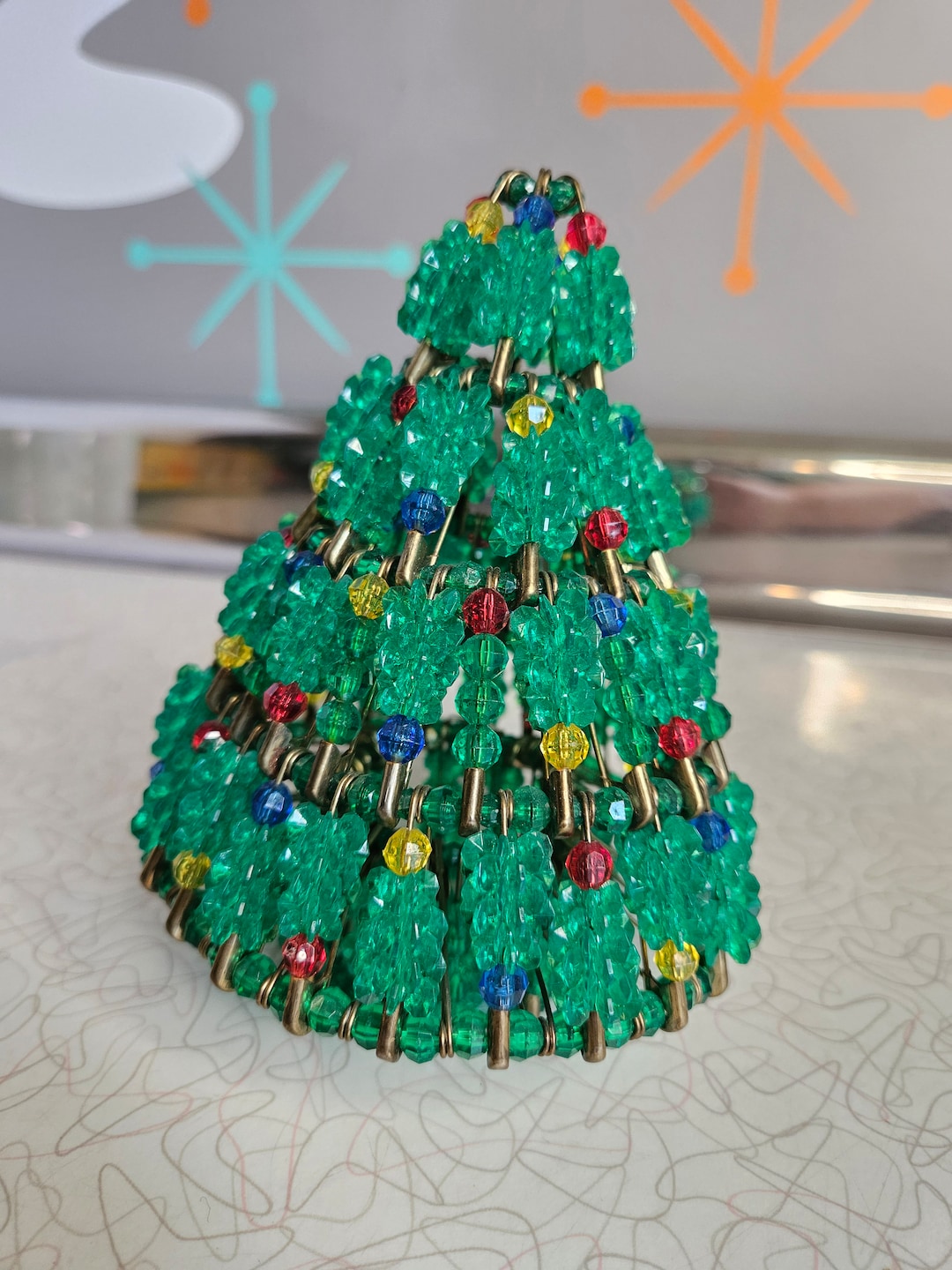 Vintage Safety Pin Christmas Tree, Christmas Decor, Green Beads Gold