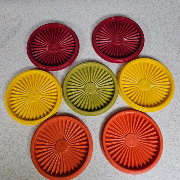 Vintage Tupperware Servalier Starburst Seal Lid Cover 5 “ 812, Green, Orange, Yellow, Red, Set of 7 Replacement