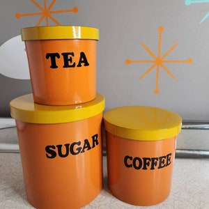 Vintage Nesting Canisters, Retro Orange and Yellow Japan Kitchen Canister Set, Coffee, Sugar, Tea, Coffee Bar Canisters, 1960s,