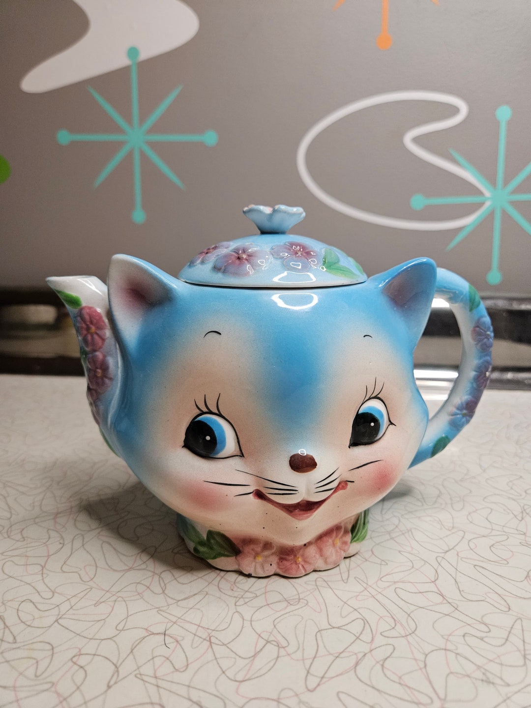 Vintage Chase Blue Cat Teapot, Norcrest, KITSCH, Collectible