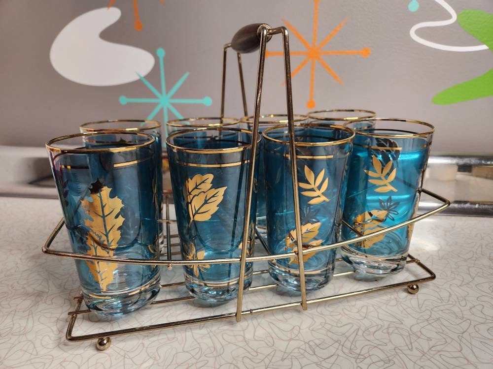 Set of 8 Mid Century Libby Gold Leaf Drinking Glasses, Carrier Rack,  Vintage
