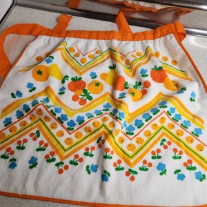 Retro NOS Vibrant Kitchen Apron - Vintage Linen Apron Orange - Household Linen - 1970s - Terrycloth