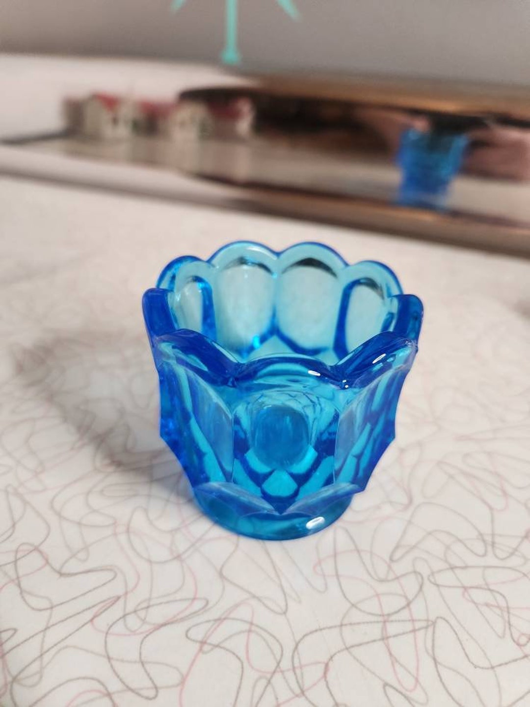 Vintage blue glass toothpick holder kitchen decor collectible glass