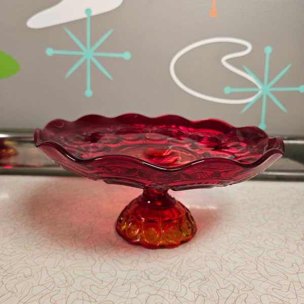 LE SMITH Amberina Glass Moon and stars Pedestal Cake Plate Flame Rolled Edge Compote