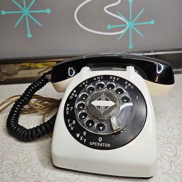 Vintage Rotary Phone, Black and White, Tuxedo Phone, Telephone, 1960s