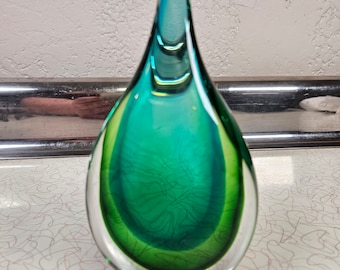 Vintage Glass Paperweight Green and Teal, Encased Glass