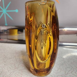 Sklo Union Amber Lens Vase, Czechoslovakian Art Glass Vase by Rudolf Schrötter, 1960s, Art Glass, Vase, Vintage, Mid Century Modern Glass