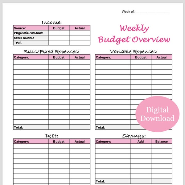 Weekly Budget Overview Template Printable (Pink)