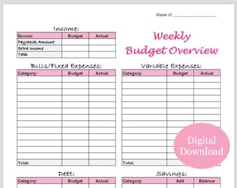 Könnte beinhalten: Ein druckbares wöchentliches Budget-Überblicksblatt mit Abschnitten für Einkommen, Rechnungen, variable Ausgaben, Schulden, Ersparnisse und Notizen. Das Blatt hat rosa und schwarze Akzente.