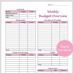 Weekly Budget Template Printable for Cash Envelopes and Sinking Funds (Pink)