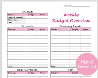 Weekly Budget Template Printable for Cash Envelopes and Sinking Funds (Pink)