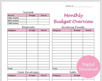 Monthly Budget Sheet TO PRINT Compatible With Budget Envelopes