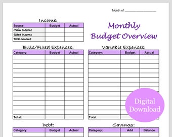 Monthly Budget Overview Template Printable (Purple)