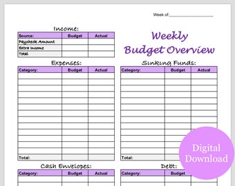 Weekly Budget Template Printable for Cash Envelopes and Sinking Funds (Purple)