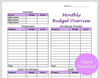 Monthly Budget Template Printable for Cash Envelopes and Sinking Funds (Purple)