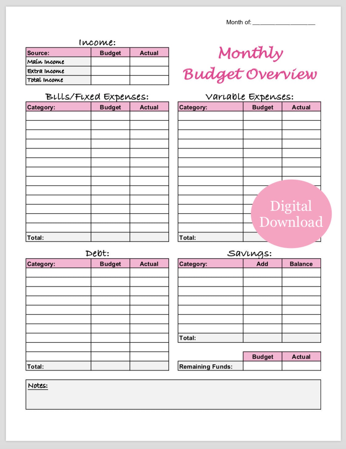 Monthly Budget Overview Template Printable pink Etsy